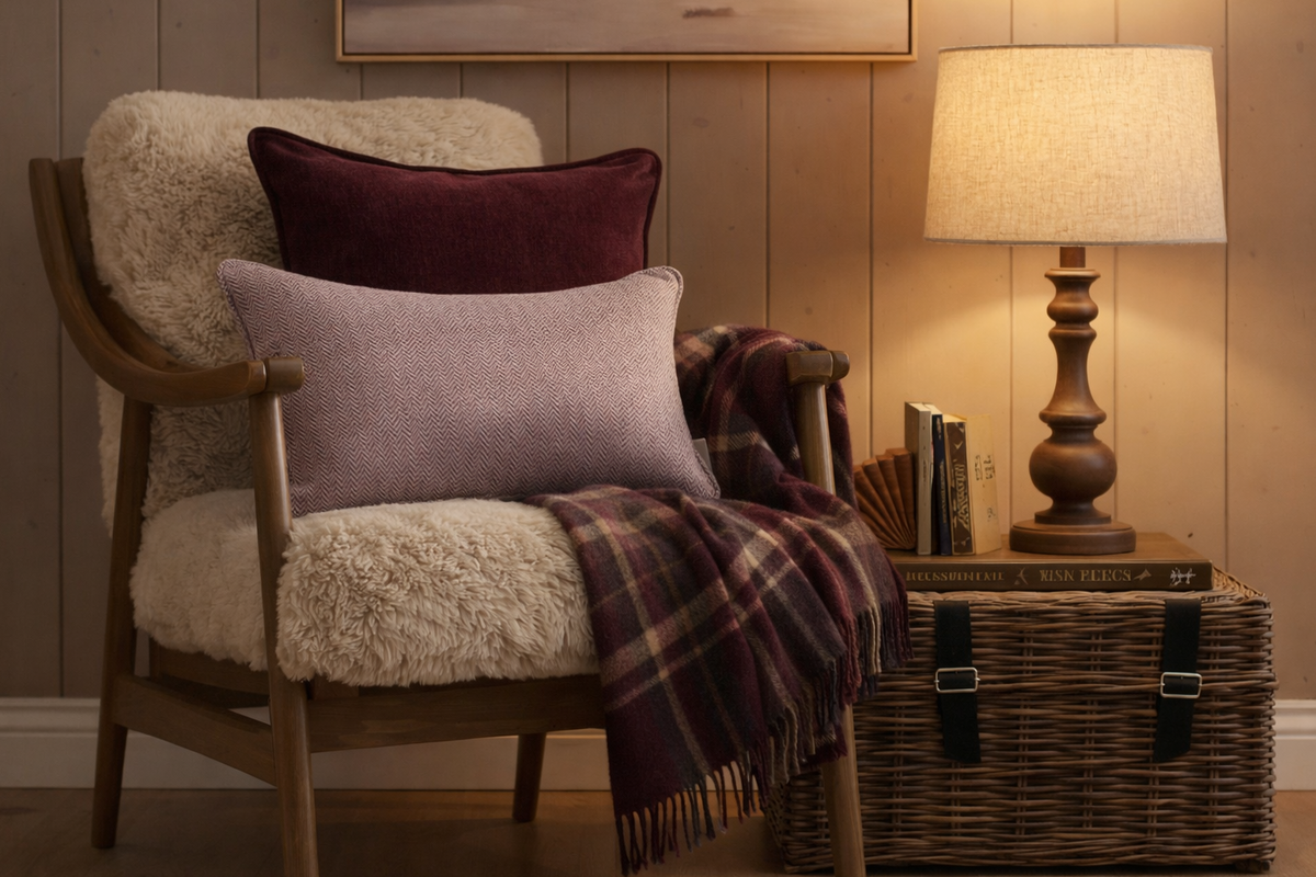 Cozy room with a wooden armchair, plaid blanket, and lamp on a woven chest.