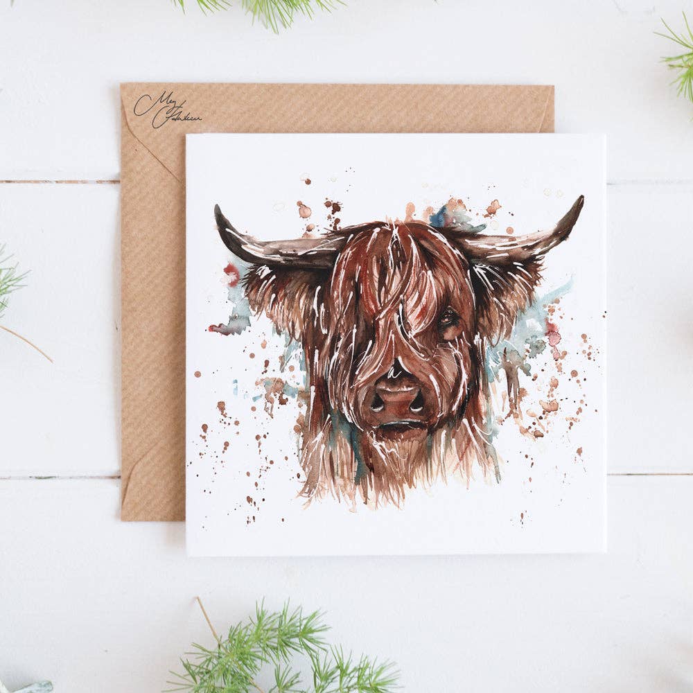 Greeting card with a highland cow illustration on a white background