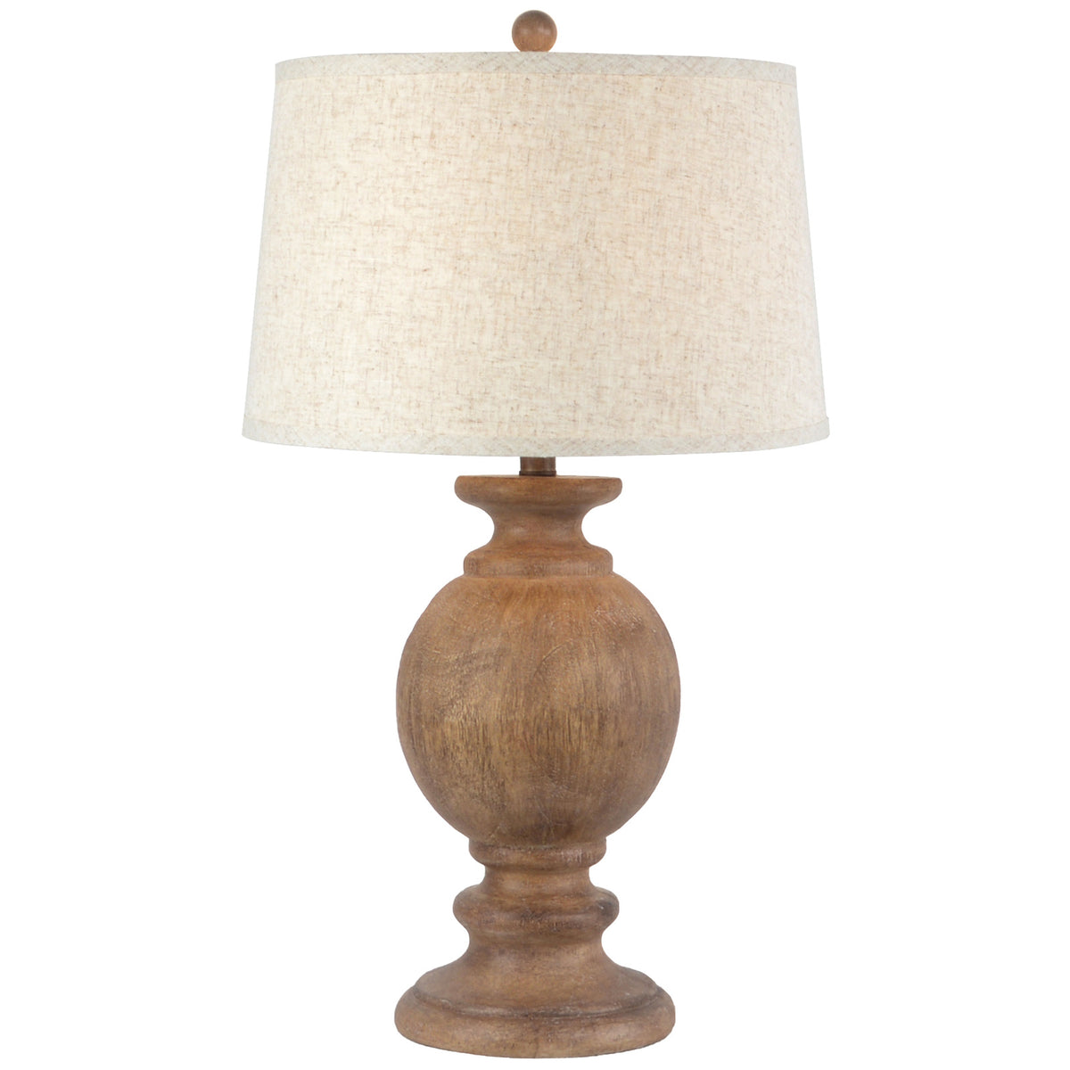 Table lamp with wooden base and white lampshade on a white background