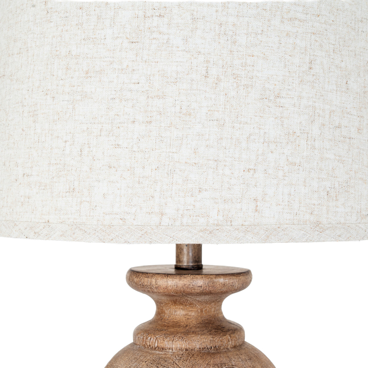 Close-up of a lamp with a textured white shade and wooden base on a white background