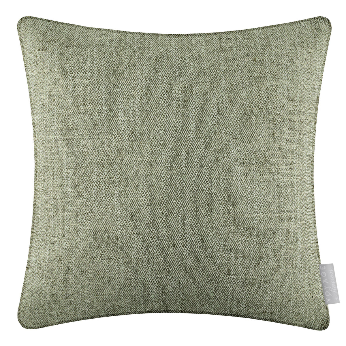 Green textured pillow with a tag on a white background