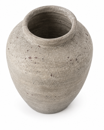 A rustic, rounded ceramic vase with a textured, speckled gray finish, shown on a clean white background.