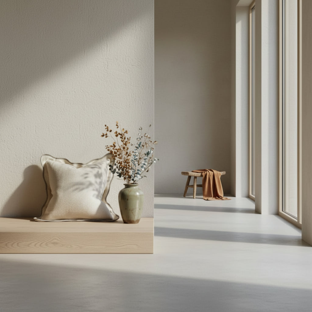 Textured beige pillow on a bed with striped headboard