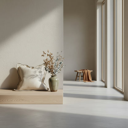 Textured beige pillow on a bed with striped headboard
