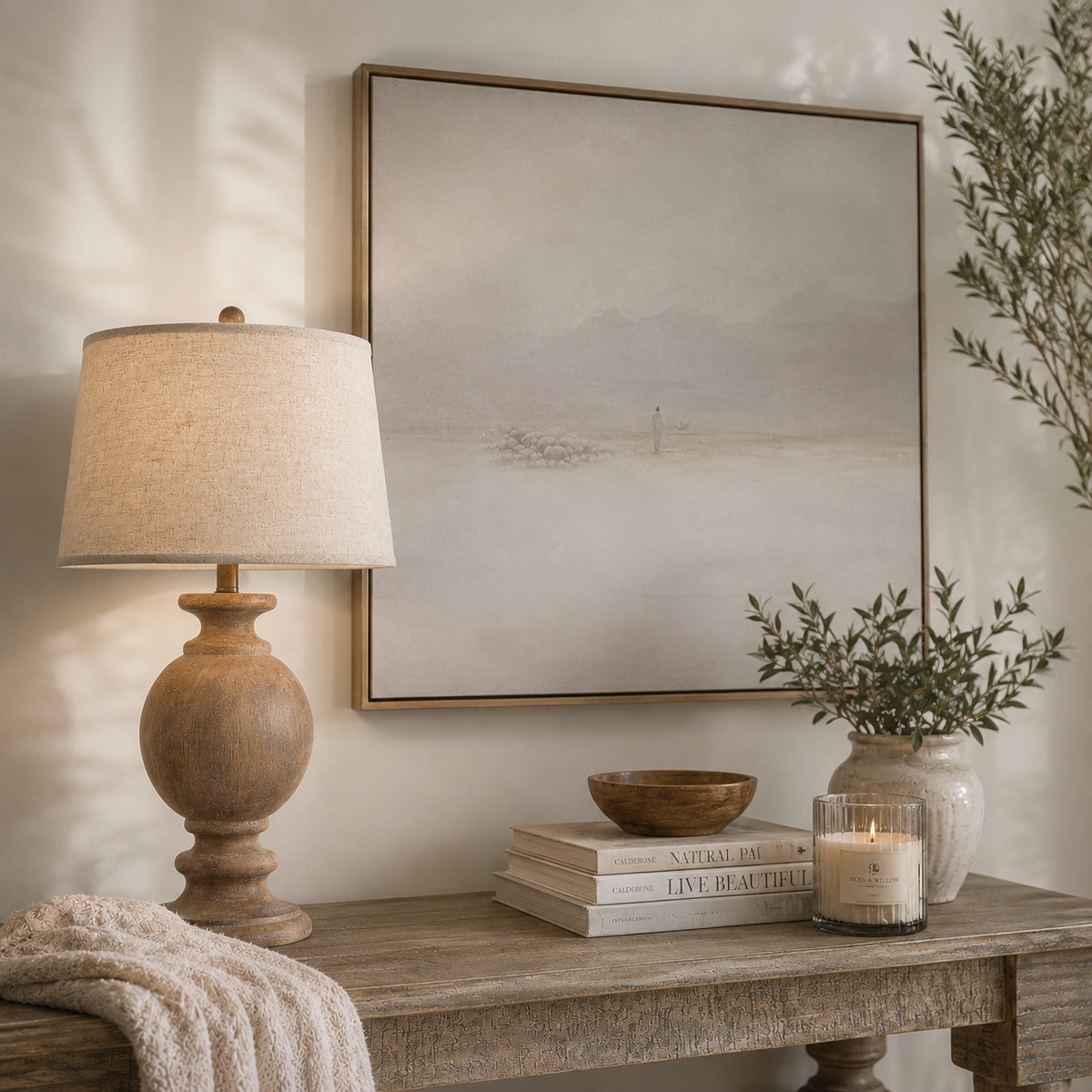 A large framed minimalist landscape art print hangs on a beige wall above a rustic wooden console table. The print features soft gray and beige tones with a faint lighthouse scene.