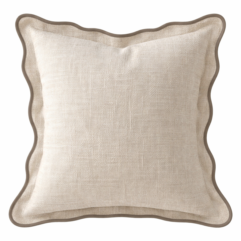 Beige pillow with scalloped edge on a white background
