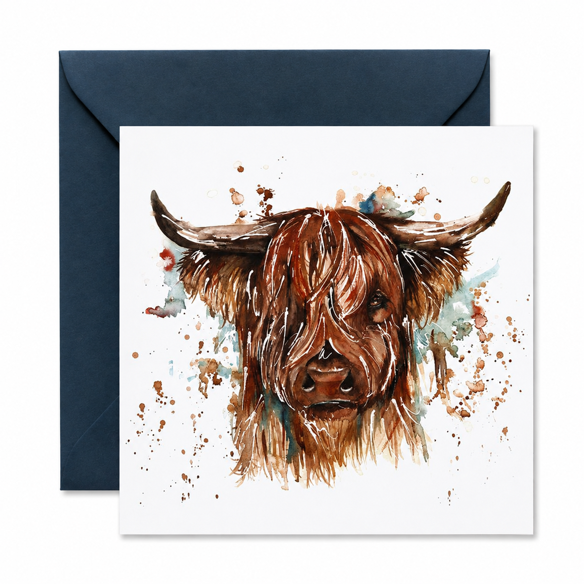 A square greeting card featuring a watercolor-style illustration of a Highland cow head with long brown hair and horns, shown with a dark navy envelope behind it on a white background.