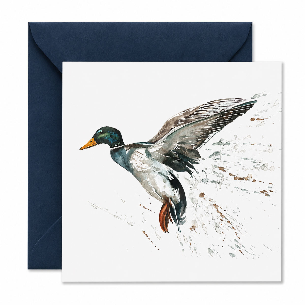 A square greeting card with a watercolor-style illustration of a mallard duck flying left, shown in front of a dark navy envelope on a white background.