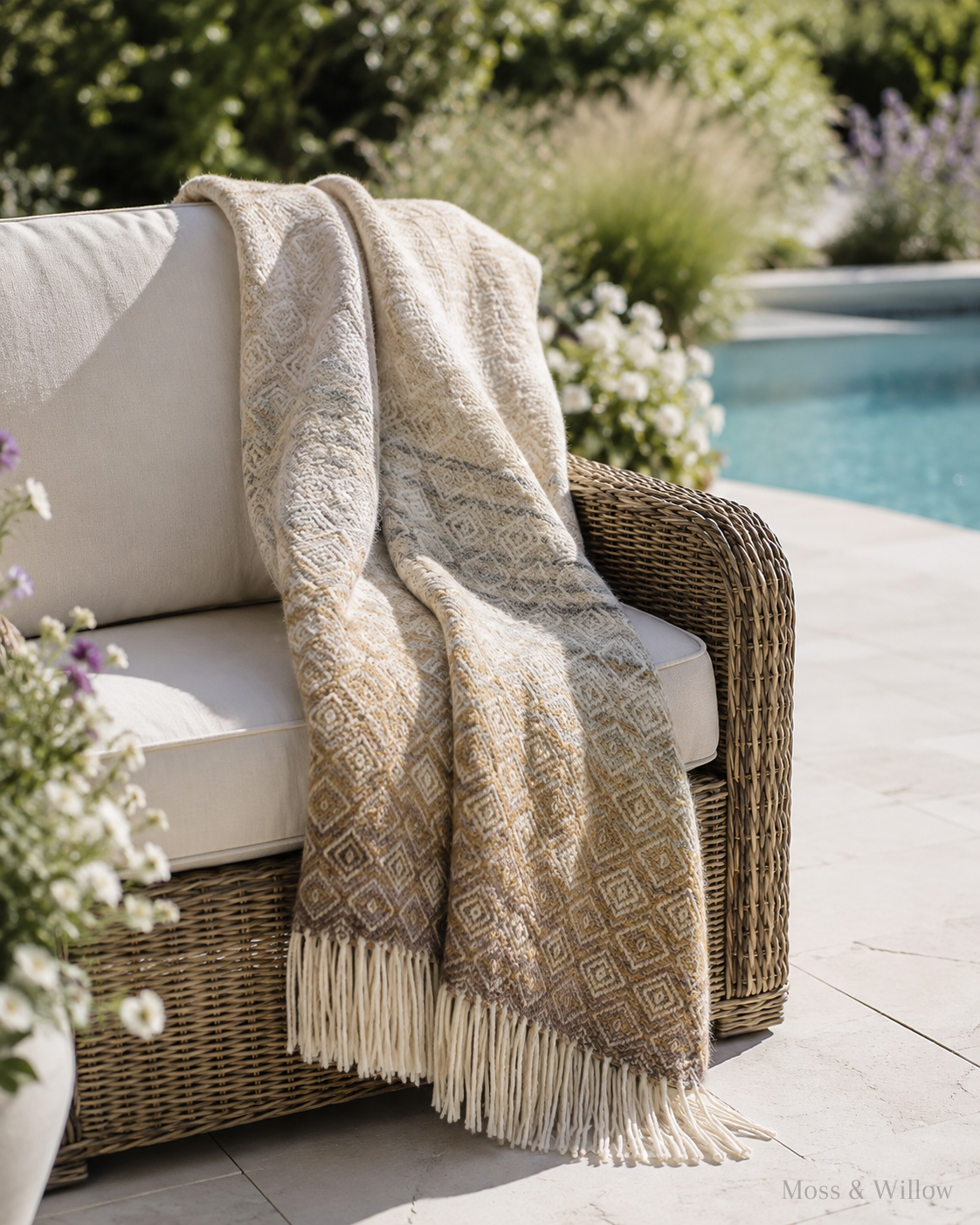 A beige and brown patterned woven throw blanket with cream fringe is draped over a wicker outdoor sofa with white cushions, set on a patio next to a swimming pool and greenery.