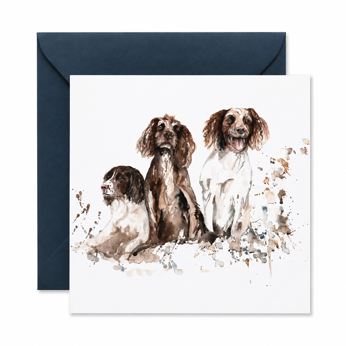 A square greeting card with a watercolor-style illustration of three dogs, shown in front of a dark navy envelope on a white background.